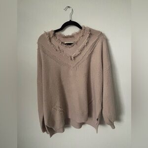 Listicle V-Neck Frayed Hem Sweater in Beige
